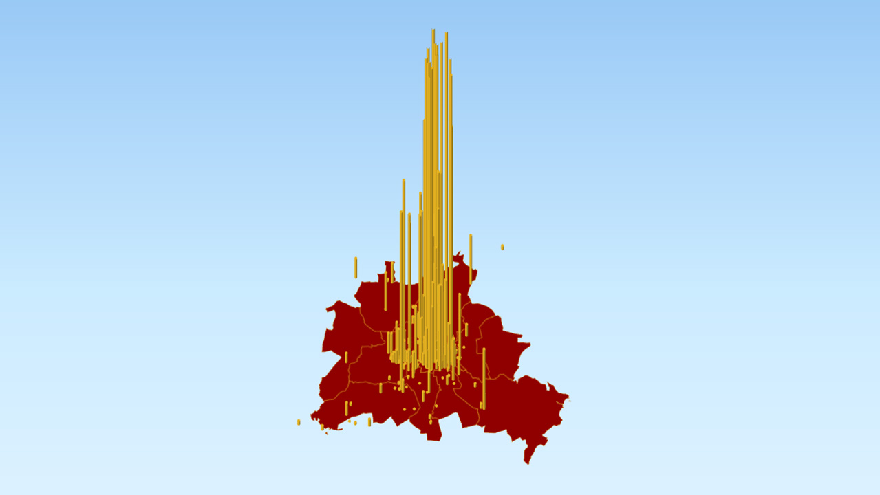 3D yellow bar chart overlaid on a red map of Berlin's districts.