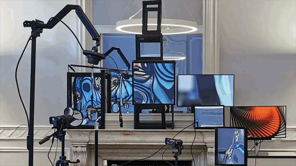 An art installation consisting of various monitors on which fluorescent colors in blue and black can be seen
